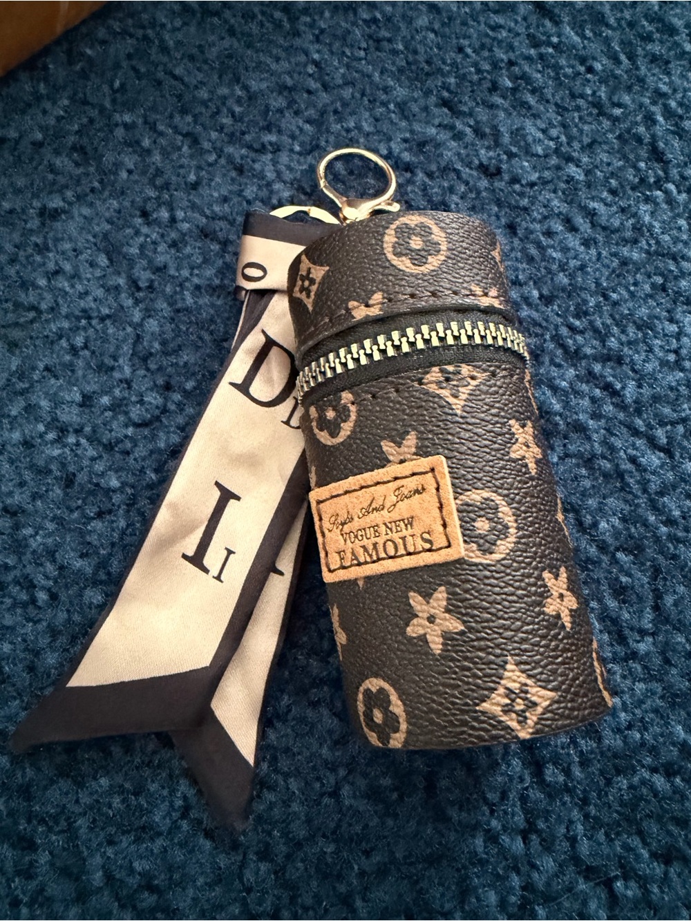 “Unbranded” Brown Mini Cylinder Pouch with Scarf Accent & Purse Keychain Charm.